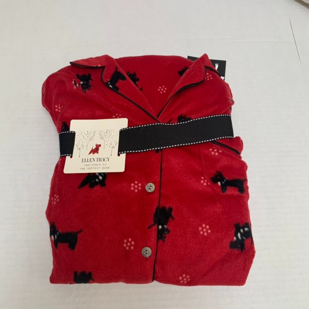 NWT Ellen Tracy Fleece Womens Pajamas Red with Scottie/Westie Dogs Size Large